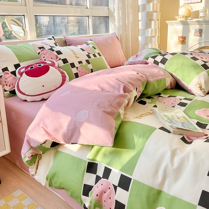 91家纺网 家纺一手货源 找家纺 金丝鸟 2023新款全棉小清新四件套 草莓格格