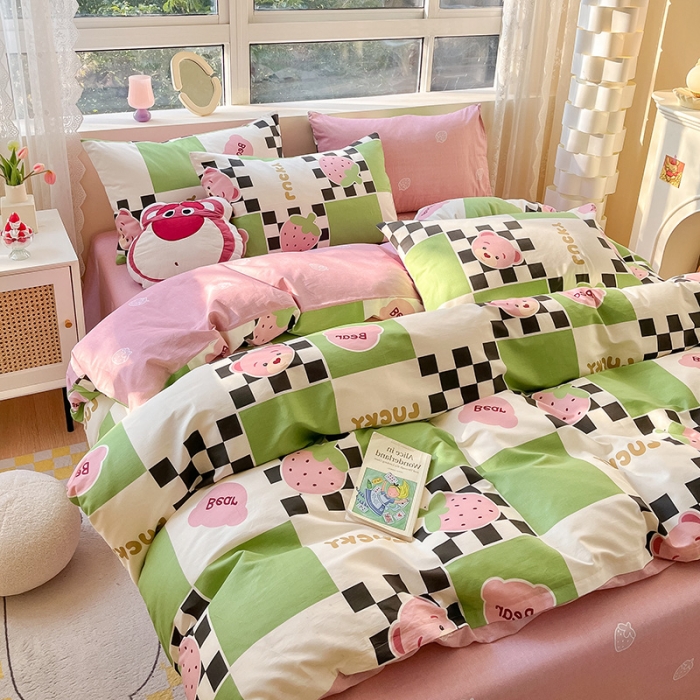 91家纺网 家纺一手货源 找家纺 金丝鸟 2023新款全棉小清新四件套 草莓格格