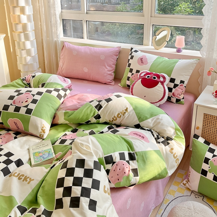 91家纺网 家纺一手货源 找家纺 金丝鸟 2023新款全棉小清新四件套 草莓格格