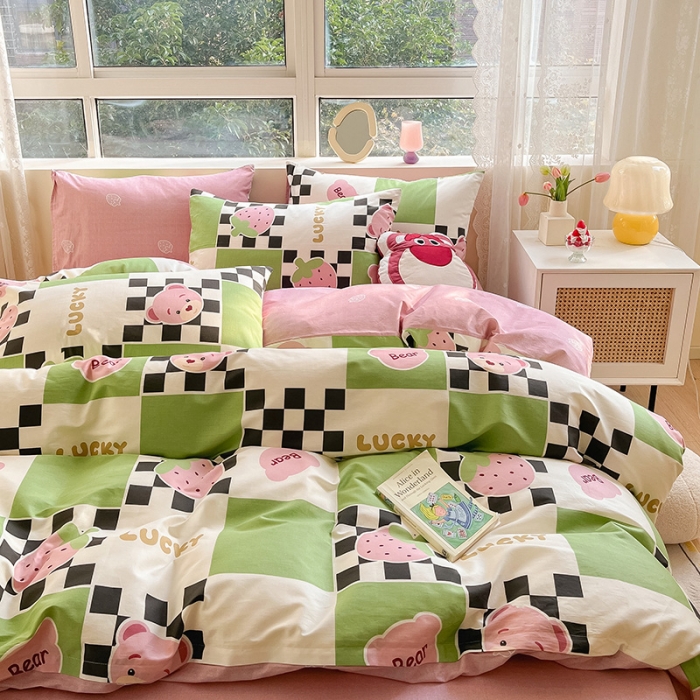 91家纺网 家纺一手货源 找家纺 金丝鸟 2023新款全棉小清新四件套 草莓格格