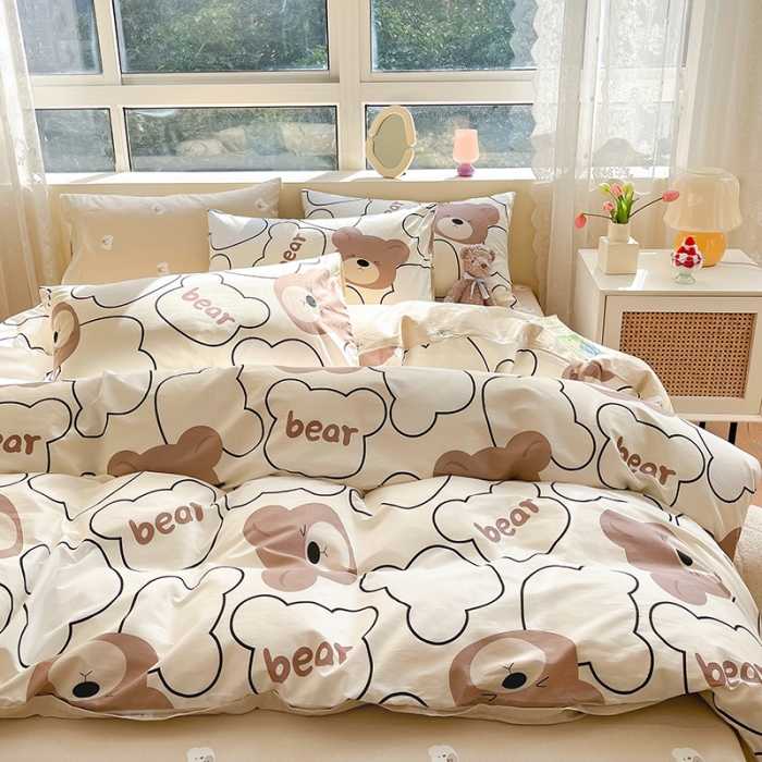 91家纺网 家纺一手货源 找家纺 金丝鸟 2023新款全棉小清新四件套 乖乖熊