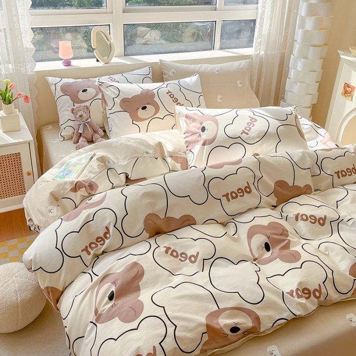 91家纺网 家纺一手货源 找家纺 金丝鸟 2023新款全棉小清新四件套 乖乖熊