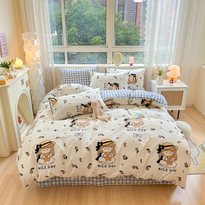 91家纺网 家纺一手货源 找家纺 金丝鸟 2023新款全棉小清新四件套 蝴蝶结女孩