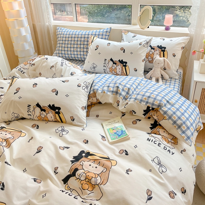 91家纺网 家纺一手货源 找家纺 金丝鸟 2023新款全棉小清新四件套 蝴蝶结女孩