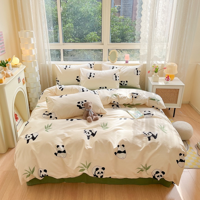 91家纺网 家纺一手货源 找家纺 金丝鸟 2023新款全棉小清新四件套 熊猫宝宝