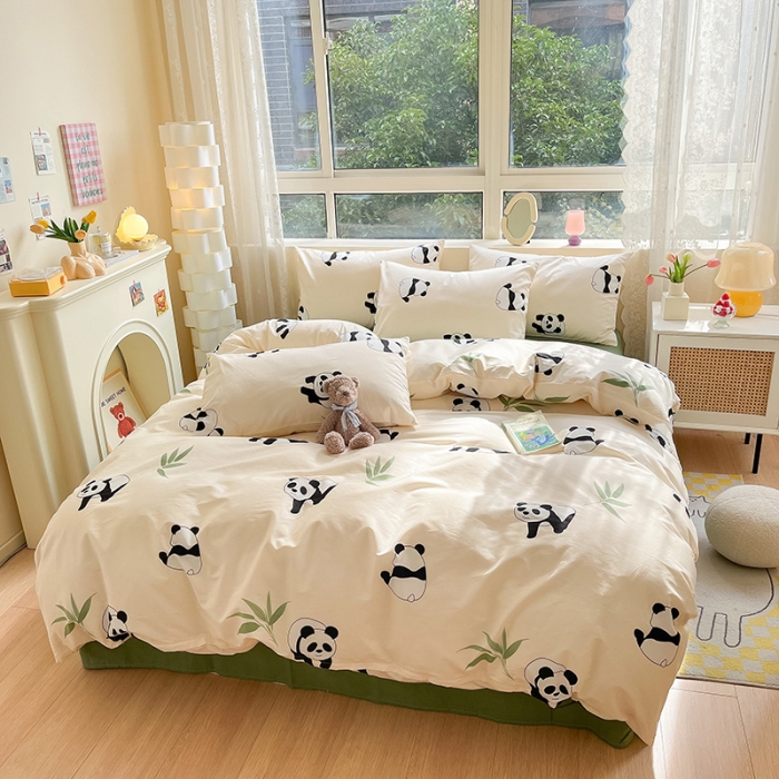 91家纺网 家纺一手货源 找家纺 金丝鸟 2023新款全棉小清新四件套 熊猫宝宝