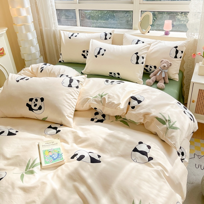 91家纺网 家纺一手货源 找家纺 金丝鸟 2023新款全棉小清新四件套 熊猫宝宝