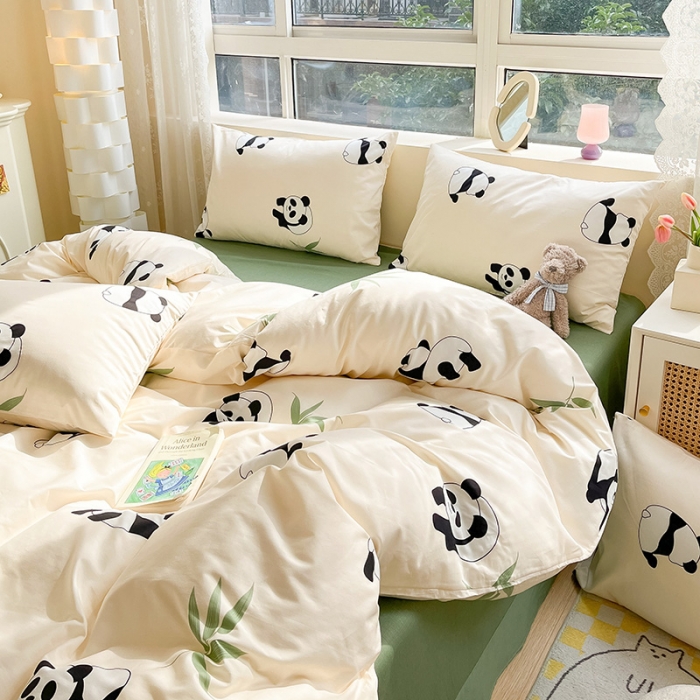 91家纺网 家纺一手货源 找家纺 金丝鸟 2023新款全棉小清新四件套 熊猫宝宝