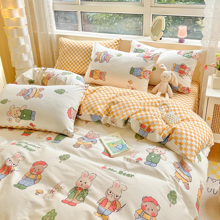 91家纺网 家纺一手货源 找家纺 金丝鸟 2023新款全棉小清新四件套 熊先生兔小姐