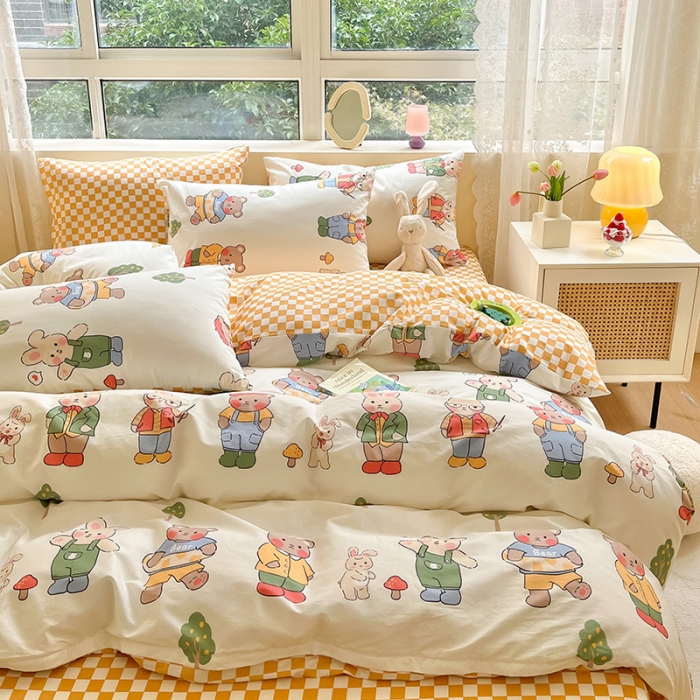 91家纺网 家纺一手货源 找家纺 金丝鸟 2023新款全棉小清新四件套 熊先生兔小姐