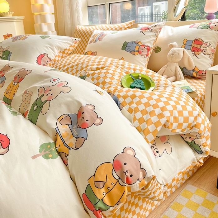 91家纺网 家纺一手货源 找家纺 金丝鸟 2023新款全棉小清新四件套 熊先生兔小姐