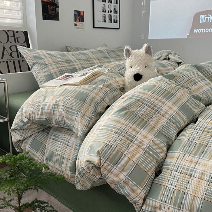 91家纺网 家纺一手货源 找家纺 金丝鸟家纺 2023新款全棉简约斜纹四件套 微米格