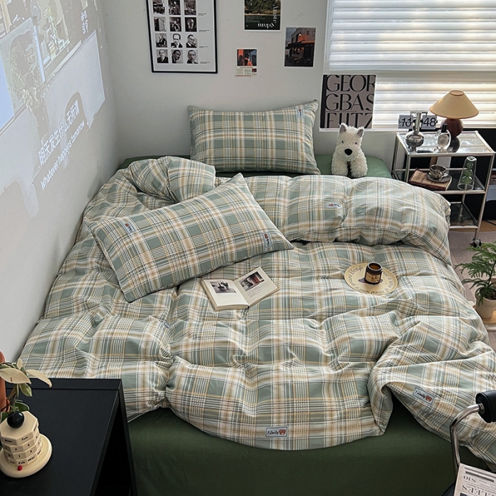 91家纺网 家纺一手货源 找家纺 金丝鸟家纺 2023新款全棉简约斜纹四件套 微米格