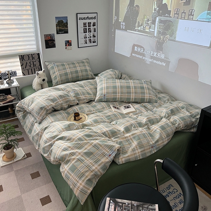 91家纺网 家纺一手货源 找家纺 金丝鸟家纺 2023新款全棉简约斜纹四件套 微米格