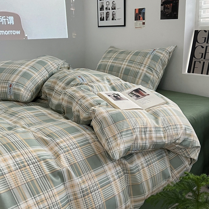 91家纺网 家纺一手货源 找家纺 金丝鸟家纺 2023新款全棉简约斜纹四件套 微米格