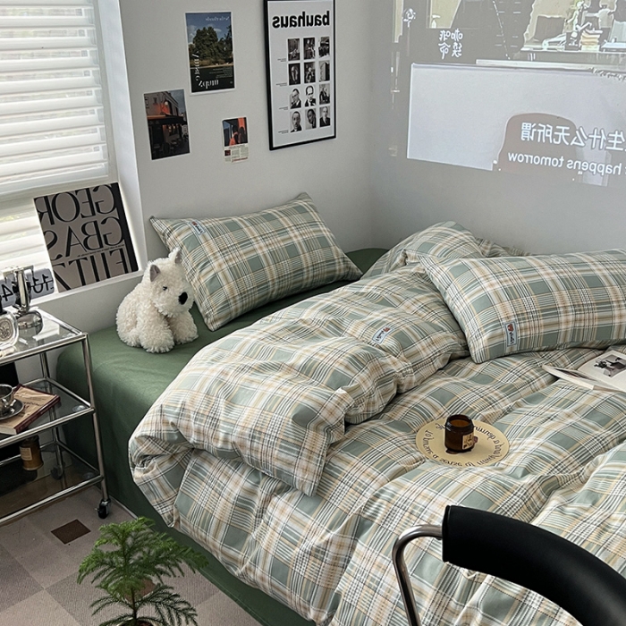 91家纺网 家纺一手货源 找家纺 金丝鸟家纺 2023新款全棉简约斜纹四件套 微米格