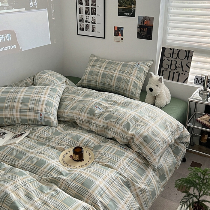 91家纺网 家纺一手货源 找家纺 金丝鸟家纺 2023新款全棉简约斜纹四件套 微米格