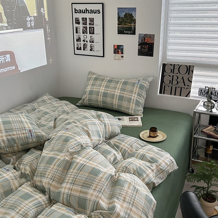 91家纺网 家纺一手货源 找家纺 金丝鸟家纺 2023新款全棉简约斜纹四件套 微米格