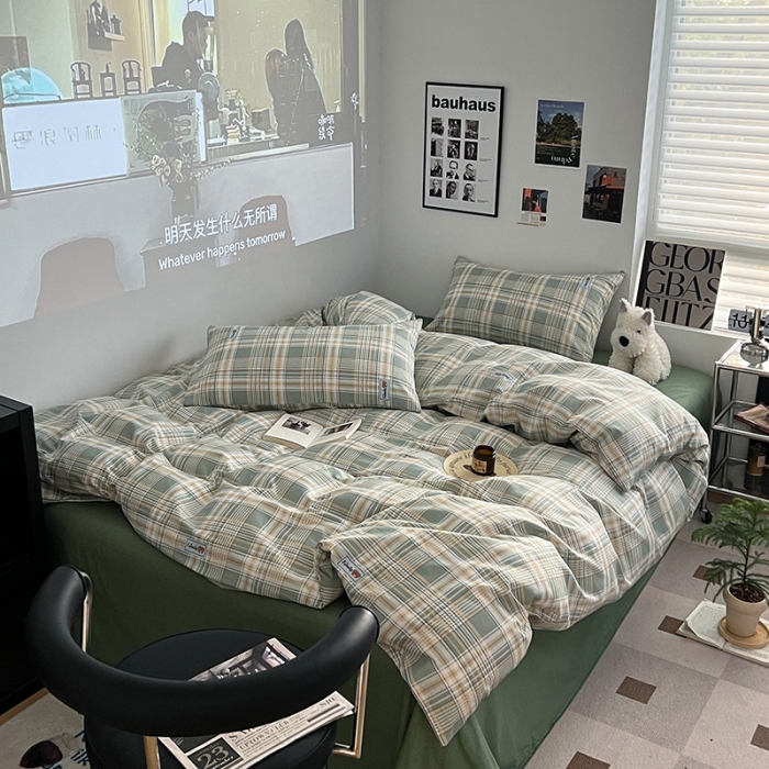 91家纺网 家纺一手货源 找家纺 金丝鸟家纺 2023新款全棉简约斜纹四件套 微米格