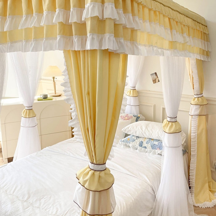 91家纺网 家纺一手货源 找家纺 迪凡保罗 2023新款2303五通双杆落地双层遮光蚊帐 米黄色