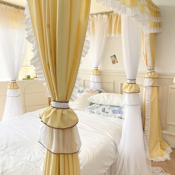 91家纺网 家纺一手货源 找家纺 迪凡保罗 2023新款2303五通双杆落地双层遮光蚊帐 米黄色