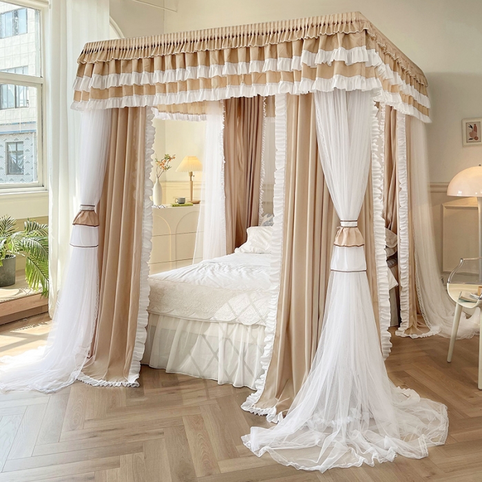 91家纺网 家纺一手货源 找家纺 迪凡保罗 2023新款2303五通双杆落地双层遮光蚊帐 驼色