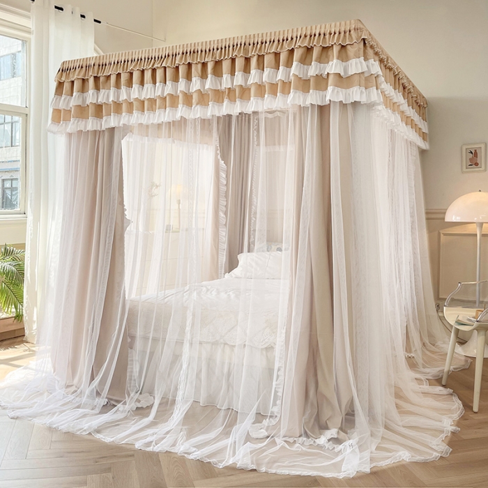 91家纺网 家纺一手货源 找家纺 迪凡保罗 2023新款2303五通双杆落地双层遮光蚊帐 驼色