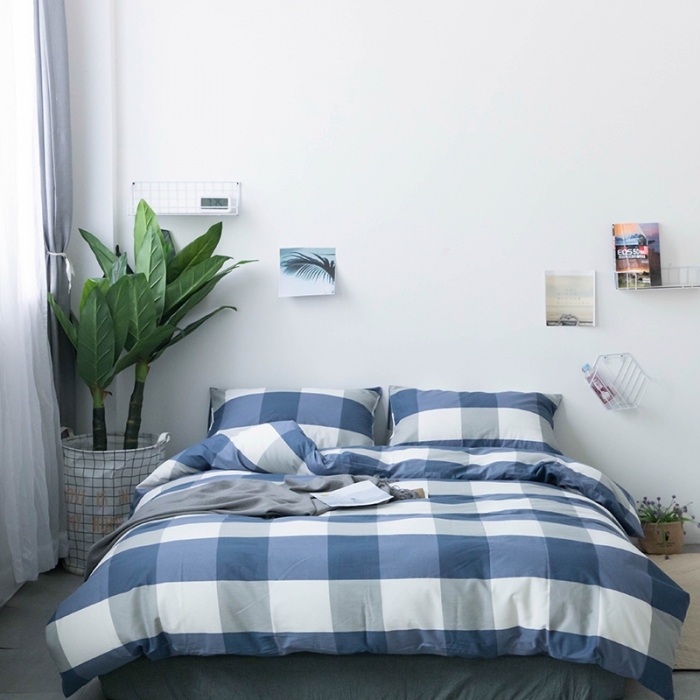 91家纺网 家纺一手货源 找家纺 简宜 2023新款北欧简约全棉四件套 蓝大格