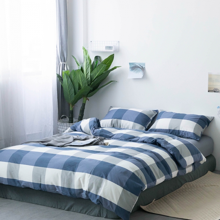 91家纺网 家纺一手货源 找家纺 简宜 2023新款北欧简约全棉四件套 蓝大格