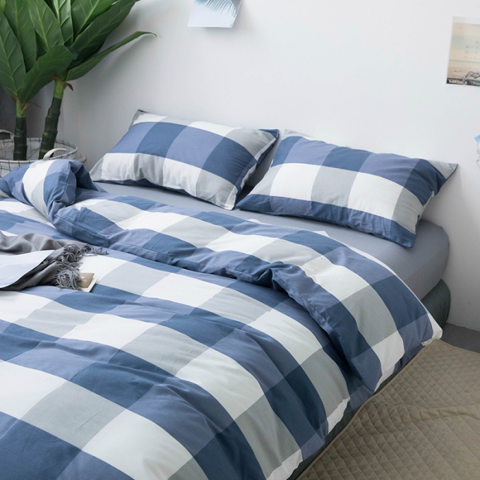 91家纺网 家纺一手货源 找家纺 简宜 2023新款北欧简约全棉四件套 蓝大格