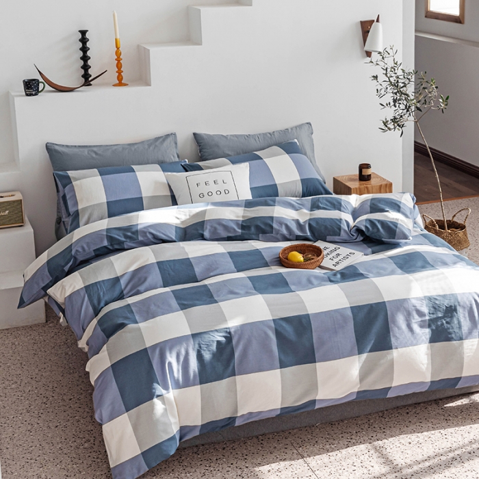 91家纺网 家纺一手货源 找家纺 简宜 2023新款北欧简约全棉四件套 蓝大格