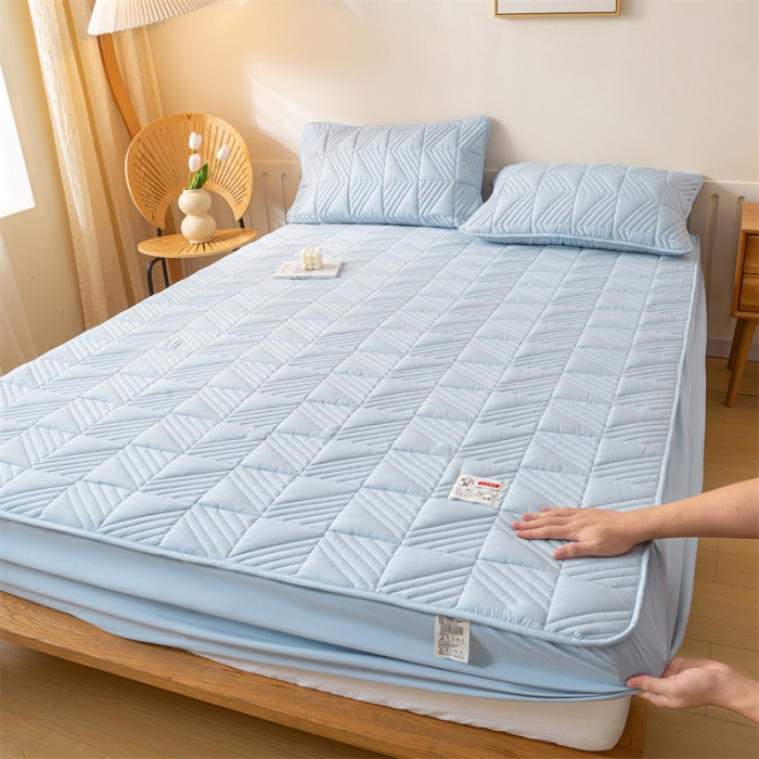 91家纺网 家纺一手货源 找家纺 凡客 2023春夏新品A类原棉大豆夹棉床笠 天蓝