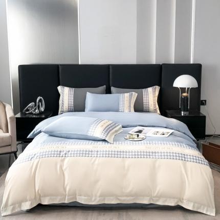 91家纺网 家纺一手货源 找家纺 麦空2025新款水洗真丝刺绣千鸟格四件套-天空之城系列海青