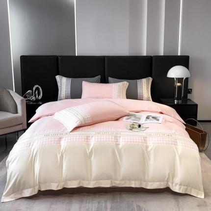 91家纺网 家纺一手货源 找家纺 （总）麦空 2025新款水洗真丝刺绣千鸟格四件套-天空之城