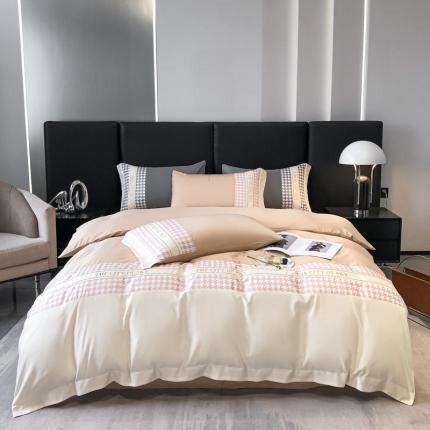 91家纺网 家纺一手货源 找家纺 麦空2025新款水洗真丝刺绣千鸟格四件套-天空之城系列奶茶