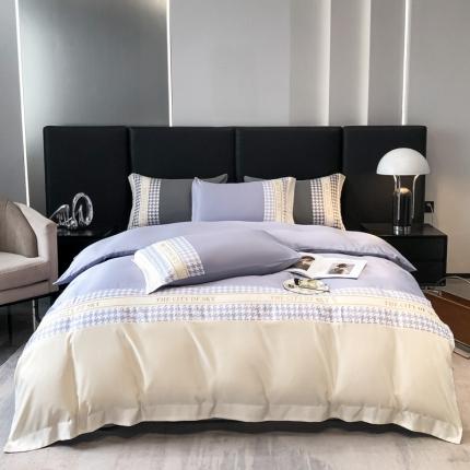 91家纺网 家纺一手货源 找家纺 （总）麦空 2025新款水洗真丝刺绣千鸟格四件套-天空之城