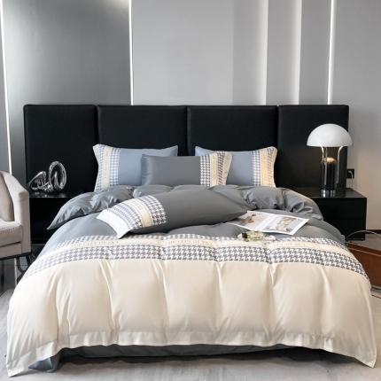 91家纺网 家纺一手货源 找家纺 （总）麦空 2025新款水洗真丝刺绣千鸟格四件套-天空之城