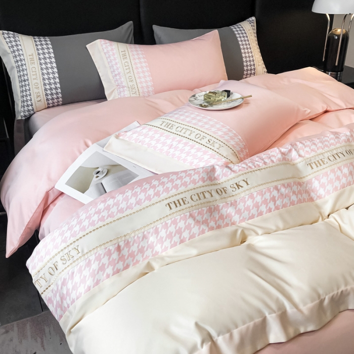 91家纺网 家纺一手货源 找家纺 麦空2025新款水洗真丝刺绣千鸟格四件套-天空之城系列玫瑰粉