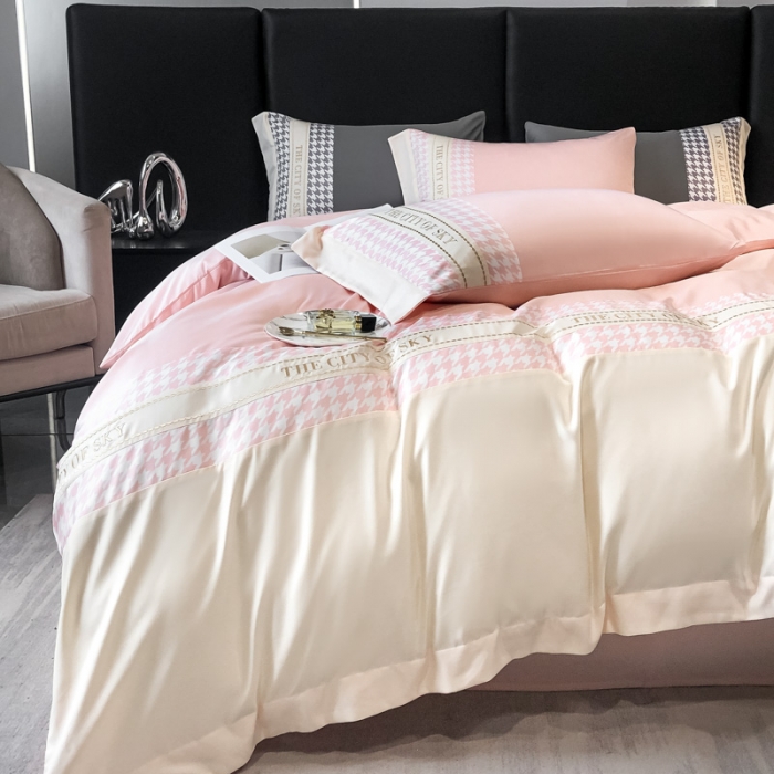 91家纺网 家纺一手货源 找家纺 麦空2025新款水洗真丝刺绣千鸟格四件套-天空之城系列玫瑰粉