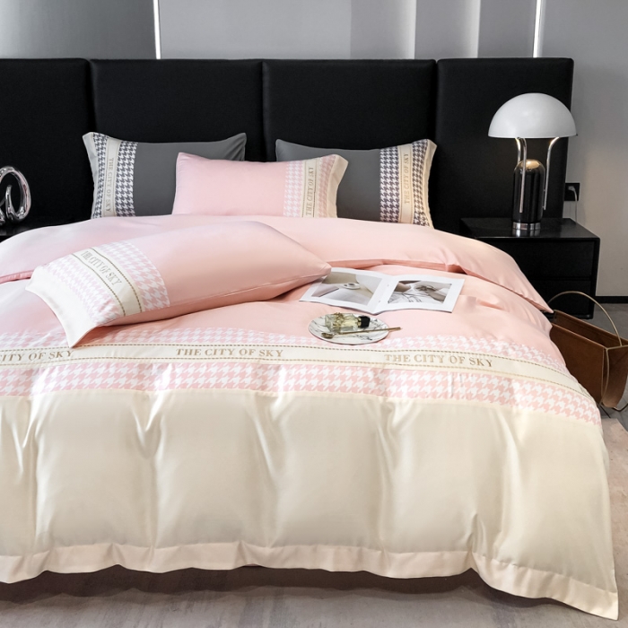 91家纺网 家纺一手货源 找家纺 麦空2025新款水洗真丝刺绣千鸟格四件套-天空之城系列玫瑰粉