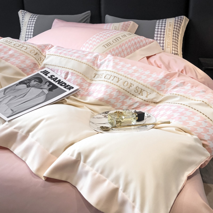 91家纺网 家纺一手货源 找家纺 麦空2025新款水洗真丝刺绣千鸟格四件套-天空之城系列玫瑰粉