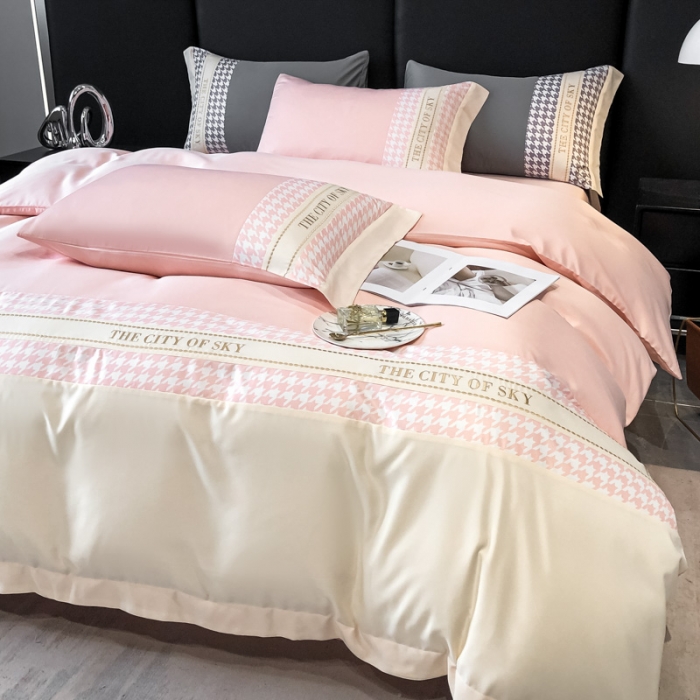 91家纺网 家纺一手货源 找家纺 麦空2025新款水洗真丝刺绣千鸟格四件套-天空之城系列玫瑰粉