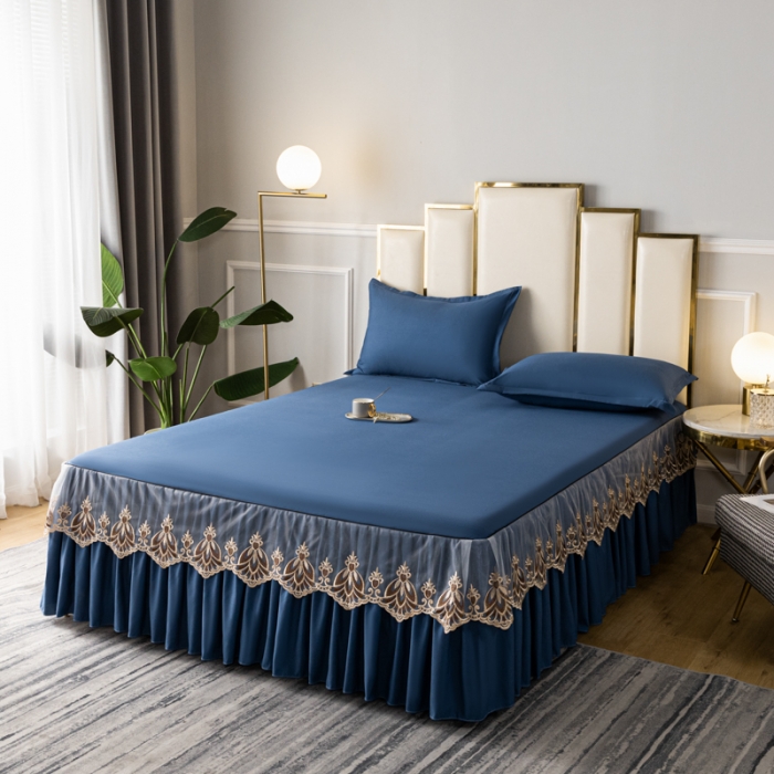 91家纺网 家纺一手货源 找家纺 笠裙家纺 2024新款原棉刺绣雅韵风情系列床裙 宝石蓝雅韵风情