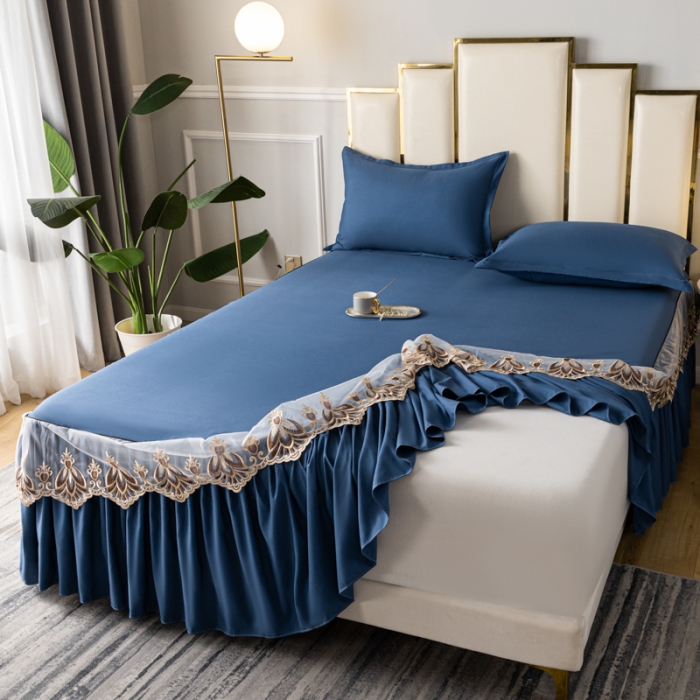 91家纺网 家纺一手货源 找家纺 笠裙家纺 2024新款原棉刺绣雅韵风情系列床裙 宝石蓝雅韵风情