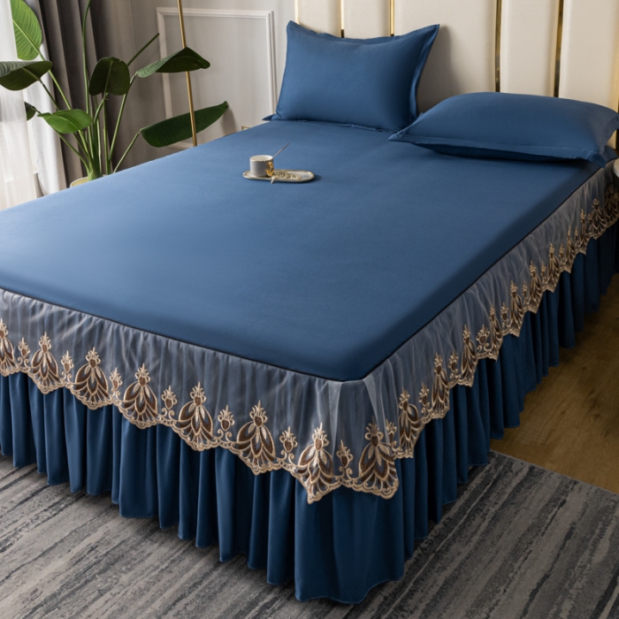 91家纺网 家纺一手货源 找家纺 笠裙家纺 2024新款原棉刺绣雅韵风情系列床裙 宝石蓝雅韵风情