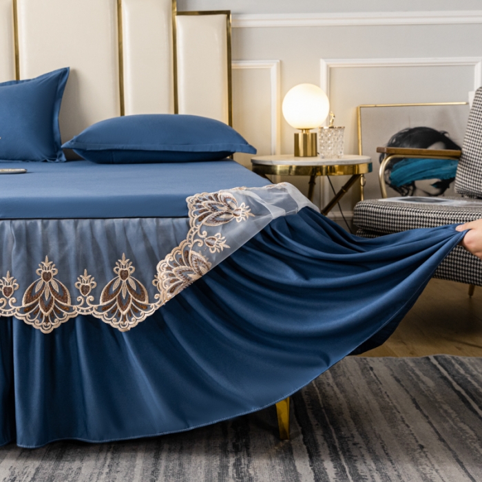 91家纺网 家纺一手货源 找家纺 笠裙家纺 2024新款原棉刺绣雅韵风情系列床裙 宝石蓝雅韵风情