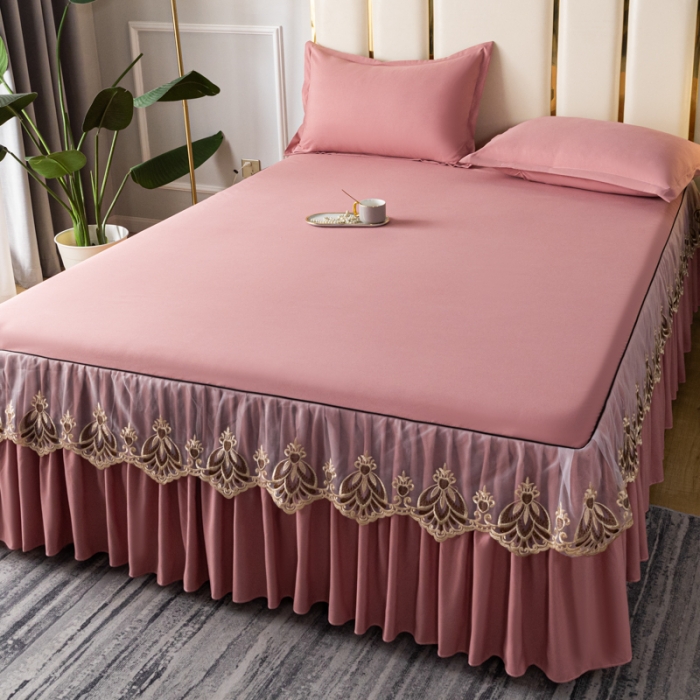 91家纺网 家纺一手货源 找家纺 笠裙家纺 2024新款原棉刺绣雅韵风情系列床裙 豆沙雅韵风情