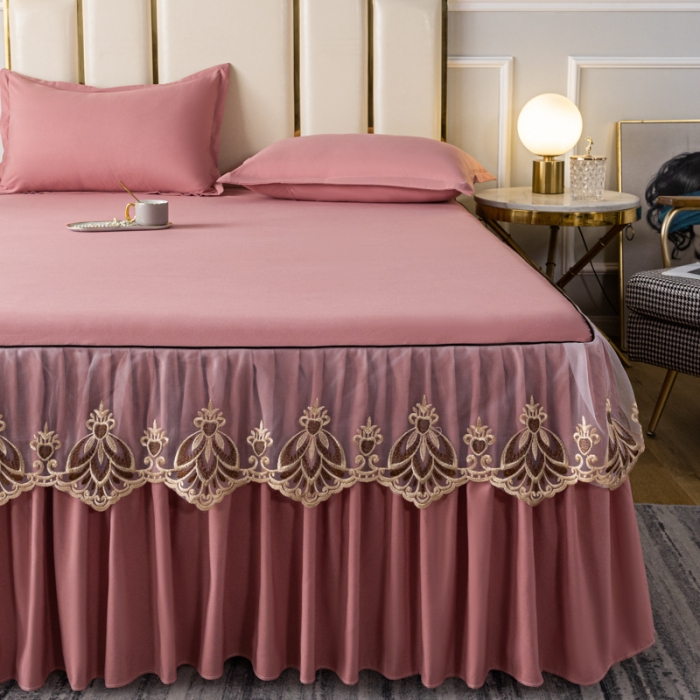 91家纺网 家纺一手货源 找家纺 笠裙家纺 2024新款原棉刺绣雅韵风情系列床裙 豆沙雅韵风情