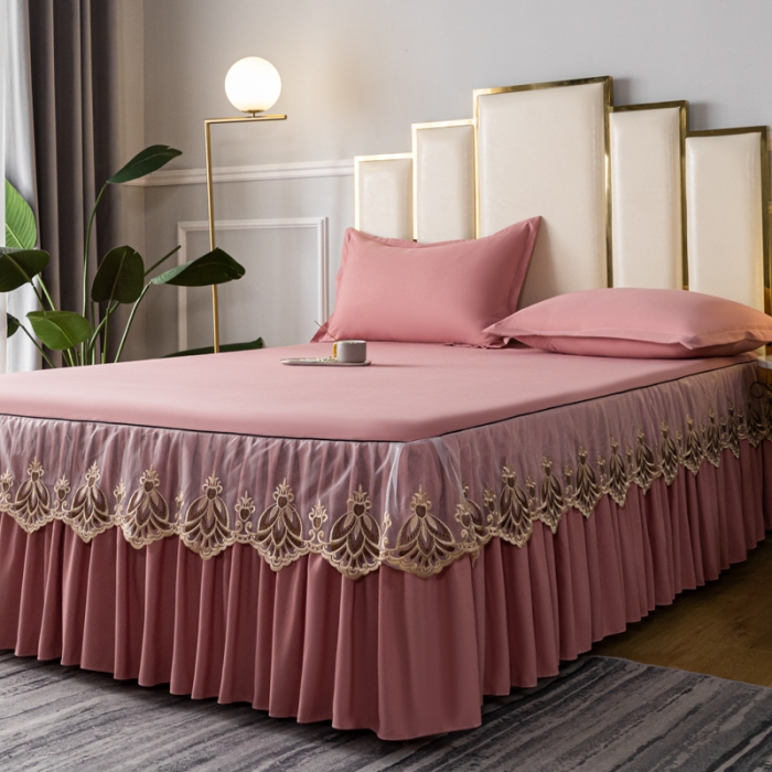 91家纺网 家纺一手货源 找家纺 笠裙家纺 2024新款原棉刺绣雅韵风情系列床裙 豆沙雅韵风情