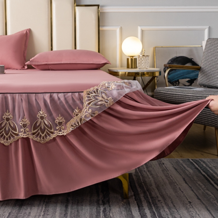 91家纺网 家纺一手货源 找家纺 笠裙家纺 2024新款原棉刺绣雅韵风情系列床裙 豆沙雅韵风情